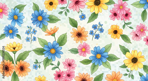 Colorful Flowers Pattern with Green Leaves on White Background