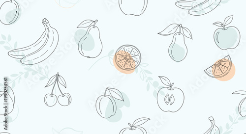 Modern seamless background pattern of various fruit sketches like apples, bananas, and pears with subtle pastel color accents.