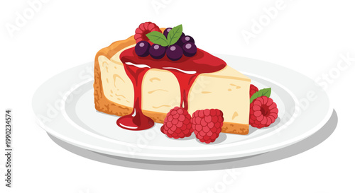 Tempting slice of creamy cheesecake drizzled with rich red raspberry sauce and topped with fresh raspberries and mint leaves.