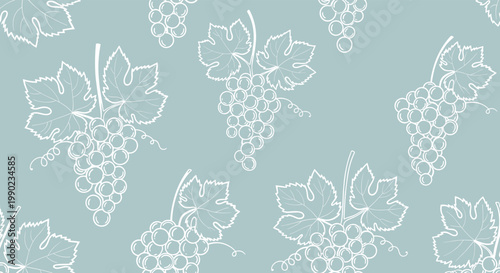Elegant seamless pattern depicting white-ink sketches of grape clusters and leaves on a soft dusty-blue background.