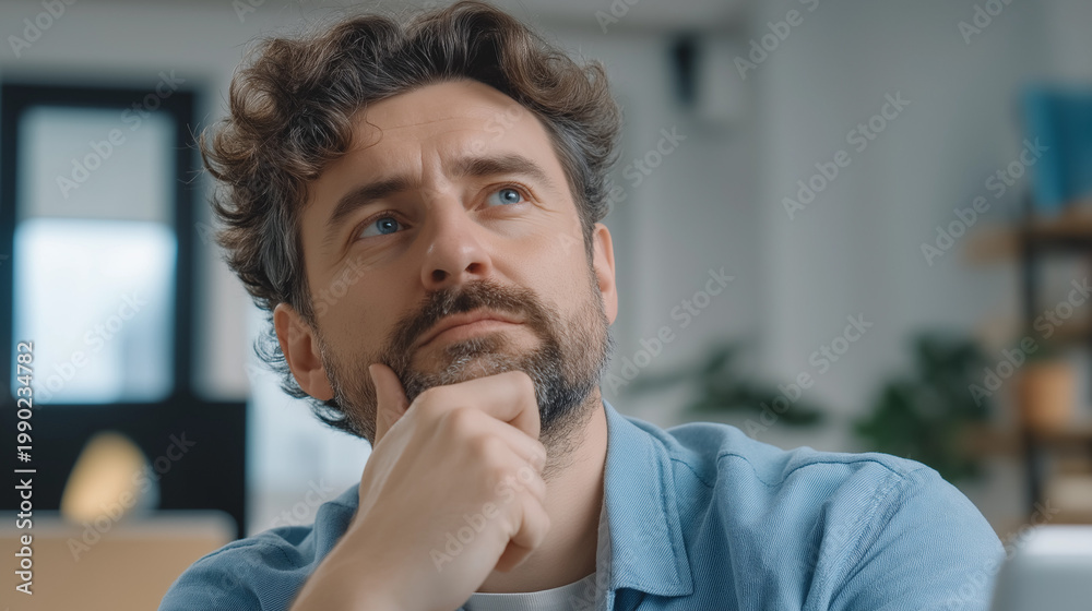 Naklejka premium Moment of contemplation: A close-up shot of a man deep in thought, with a thoughtful expression and a hand resting on his chin, evoking a sense of introspection and focus.