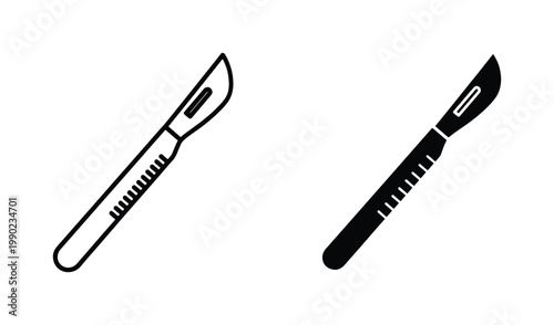 Surgical scalpel vector icons in outline and solid styles, medical blade instrument for surgery, professional healthcare equipment symbols
