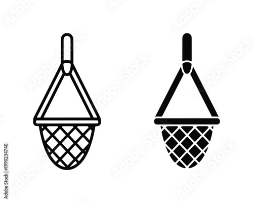 Minimalist fishing net icon set, black and white landing net vector illustrations, professional fishing gear symbols for marine and aquatic design