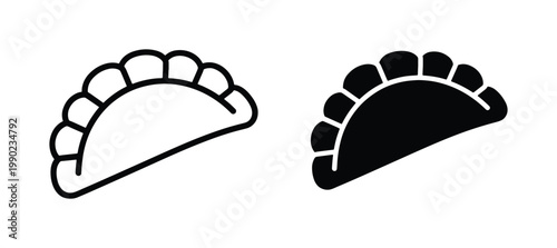 Minimalist dumpling vector icons, black line art and solid silhouette pierogi symbols, traditional gyoza and empanada food graphics for restaurant menus