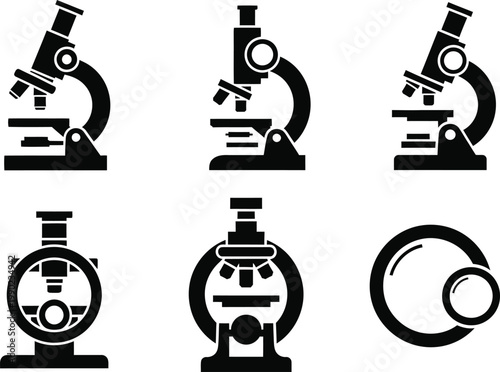 Microscope icons, six black silhouettes representing various scientific research.