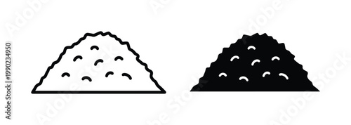 Minimalist soil heap icons, black and white dirt pile vector set, simple mound of sand or gravel illustrations for construction and gardening