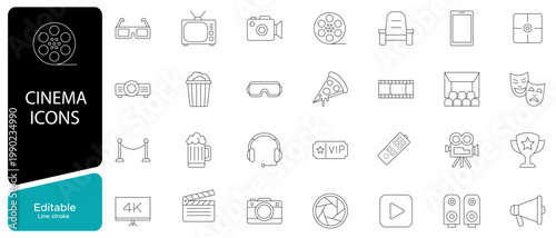 Cinema and entertainment line icons set. Movie, film, media, theater, video, audio, streaming, multimedia icons collection. Editable stroke vector illustration.