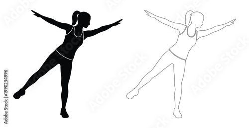 Athletic Woman Black Silhouette and Outline Set Performing Side Leg Lift and Balance Exercise for Core Strength and Fitness Training Illustration