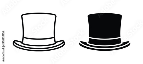 Vintage top hat vector icons, classic gentleman headwear silhouette and outline set, elegant formal dress hat symbols for wedding and magic