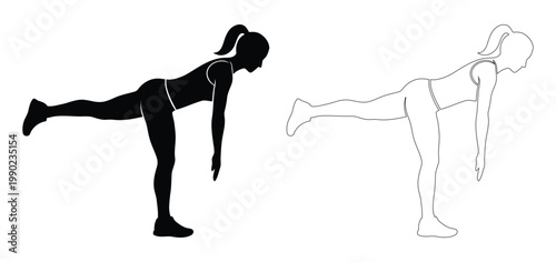 Athletic Woman Black Silhouette and Outline Set Performing High Plank Exercise for Core Strength and Fitness Training Illustration