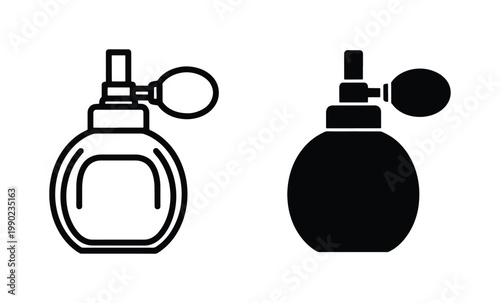 Vintage perfume bottle icons, classic fragrance atomizer spray vector set, elegant black and white cosmetic bottle silhouettes for beauty branding