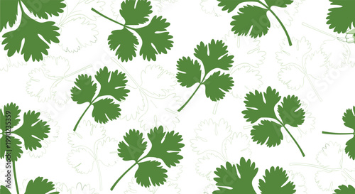 Fresh green and white coriander or cilantro leaves seamless pattern on a clean background for food and kitchen related designs.