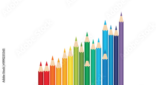 Creative composition of various colored pencils in a row from red to purple on a white background for art school or hobby themes.