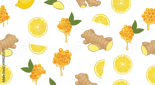 Healthy food seamless pattern featuring golden honeycombs, fresh lemon slices, and ginger roots for natural remedy or tea themes.