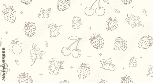 Seamless pattern with delicate outlines of various berries like strawberries and cherries on a light cream background for food wrap.