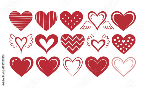Set of red valentine hearts, various heart shapes with different patterns and detailed outlines, love symbols.