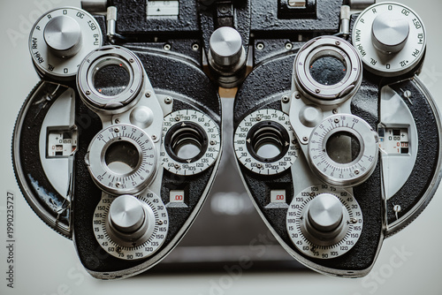 Professional phoropter equipment for eye examination in clinic. Frontal view of mechanical phoropter device used for vision testing and refraction in ophthalmology.