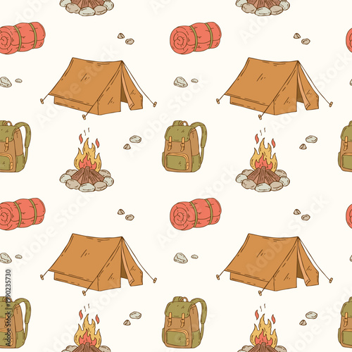 Hand-drawn colored camping seamless vector pattern with tent, backpack, campfire and sleeping bag. Playful outdoor nature design for textile, fabric and wrapping paper