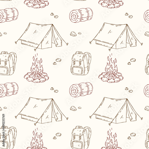 Hand-drawn minimal outline camping seamless vector pattern with tent, backpack, campfire and sleeping bag. Clean line art outdoor design for textile, fabric and wrapping paper
