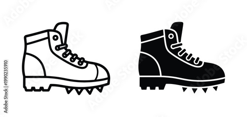 Hiking boot icons with crampons, mountaineering footwear vector set, climbing shoes with ice spikes, outdoor adventure equipment symbols