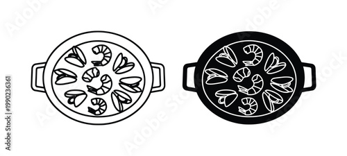 Spanish paella seafood pan icons, traditional mediterranean rice dish with shrimp and mussels, black and white line art vector set for restaurant menus