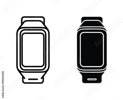 Minimalist smartwatch vector icons, black and white digital wrist watch symbols, modern wearable technology device illustrations for UI design