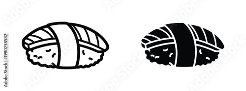 Minimalist nigiri sushi vector icons, black and white Japanese seafood illustrations, hand drawn salmon sushi line art and silhouette set