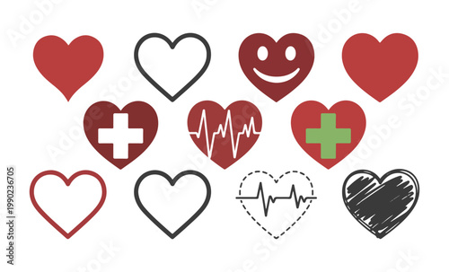 Collection of various heart shapes and medical symbols, representing love health and care.