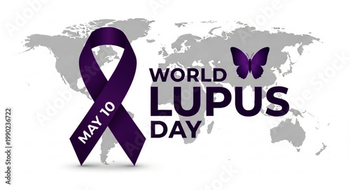 World Lupus Day May 10 Awareness Banner with Purple Ribbon and Butterfly