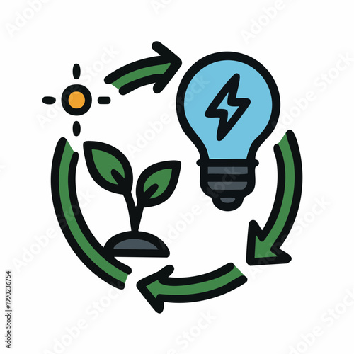 Eco energy cycle with light bulb and plant sprout for sustainable green power system.