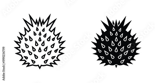 Minimalist durian fruit vector icons, black and white tropical fruit silhouettes, spiky exotic food illustrations for packaging design