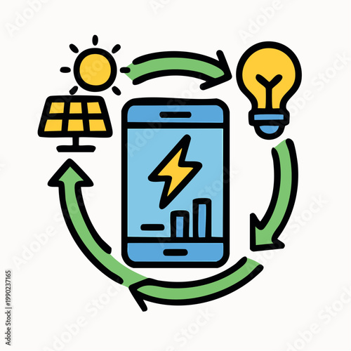 Green energy cycle with solar panels and light bulb for sustainable power system.