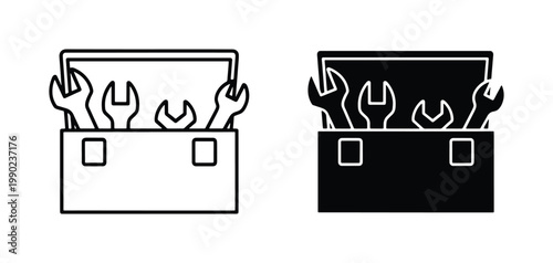 Minimalist toolbox icons with wrenches, industrial tool box vector set, black and white line art for construction and repair services