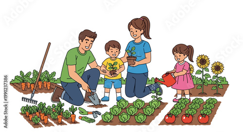 Happy family gardening together, planting vegetables and flowers in a sunny garden.