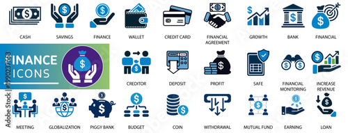 Finance Icon Set with Loan, Cash, Saving, Financial Goal, Profit, Budget, Mutual Fund, Earning Money and Revenue Icons. Solid Icon Collection