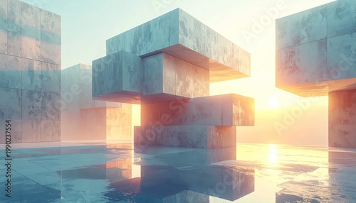 Surreal Abstract Architecture with Geometric Cubes Reflecting in Water at Sunset.
