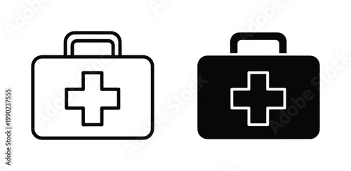 Medical first aid kit icons, black outline and solid silhouette emergency briefcase symbols, healthcare doctor bag vector set for hospital apps