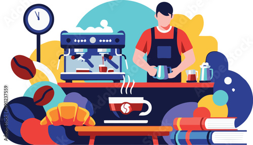 Man prepares coffee at cafe with books and sports equipment nearby indoors