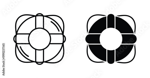 Nautical lifebuoy vector icons, black and white life ring symbols, marine safety equipment set, minimalist maritime rescue ring illustrations
