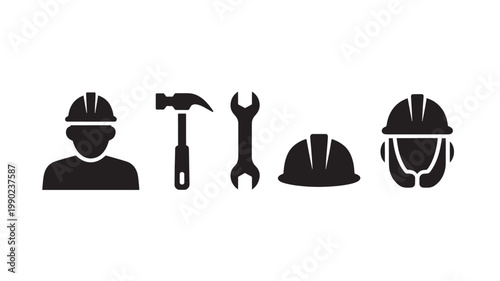 Construction Icons Set with Hammer Wrench and Hard Hat Minimal Black Silhouette Industry Symbols