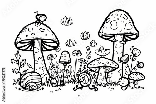 Cartoon coloring page for kids featuring a group of cute mushrooms, snails, and toadstools growing in the forest with a kawaii aesthetic and simple, detailed background.