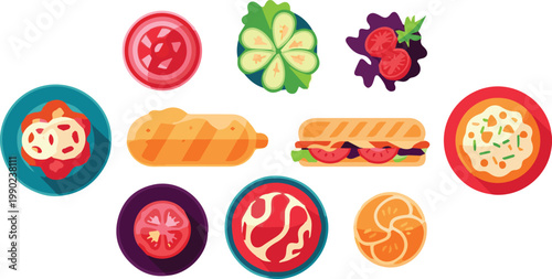 A vibrant display of various foods and sandwiches on plates and platters indoors.