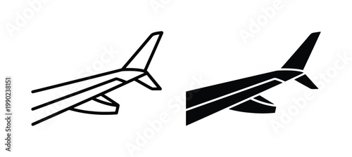 Airplane wing and tail fin vector icons, minimalist aircraft exterior line art, commercial aviation flight symbols for travel apps and logistics