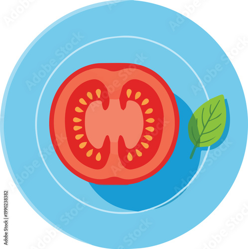 A halved tomato with seeds and a leaf on a blue plate indoors