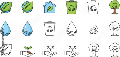 Eco-friendly and environment protection icons set with recycle bin water drop