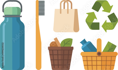Eco-friendly reusable products and recycling icons set for sustainable living