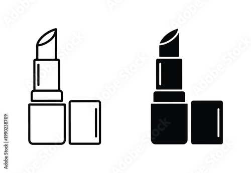 Minimalist lipstick icon set, black outline and solid silhouette makeup vector, professional beauty product symbols for cosmetic branding