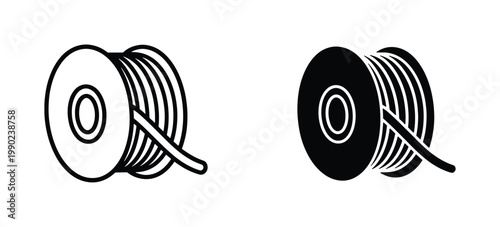 Industrial 3D printer filament spool icons, black and white plastic coil vector set, manufacturing material bobbin for additive manufacturing