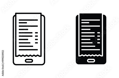 Digital receipt on smartphone screen vector icons, mobile payment confirmation and online billing symbols, electronic invoice on phone display