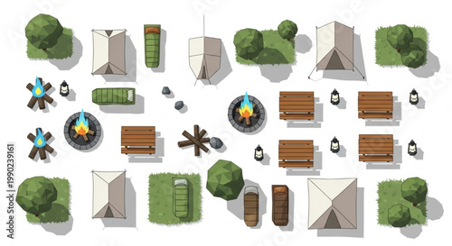 Top View Camping Vector Set with Tents Campfire Picnic Tables Sleeping Bags and Lanterns